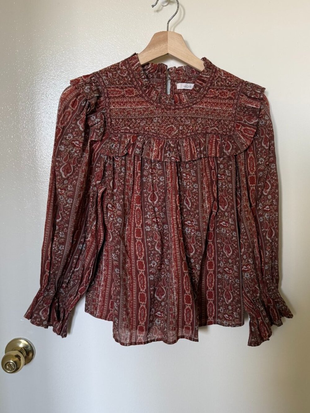 DOEN Brown Red Paisley Print Long Sleeve Ruffle Blouse XS